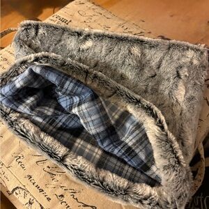 Reversible Scarf: Gray Faux Fur Scarf and Blue Plaid Lining